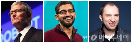 팀 쿡(왼쪽부터) 애플 CEO, 선다 피차이 구글 CEO, 얀 쿰 왓츠앱 CEO