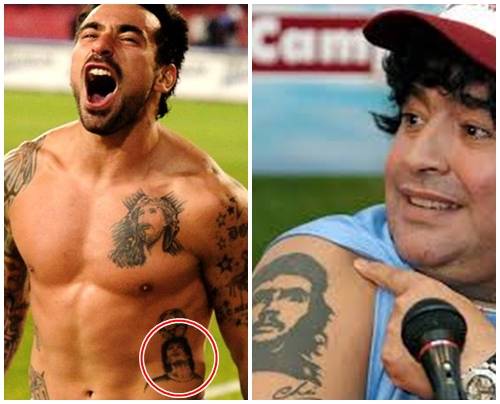 에세키엘 라베치(왼쪽)와 디에고 마라도나. 왼쪽 빨간 원이 마라도나 얼굴. [셀러브리티 타투스 캡쳐]