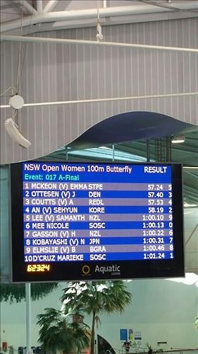 안세현이 5일 호주 시드니의 시드니올림픽파크 아쿠아틱센터에서 열린 뉴사우스웨일스(NSW) 스테이트 오픈 챔피언십 여자 접영 100ｍ 결승에서 58초19의 한국신기록을 세우고 4위를 차지했다. << SK텔레콤 제공 >>