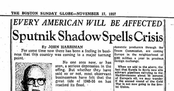 소련이 인공위성을 최초로 발사하자 미국 사회는 소련의 미사일 위협이 현실이 됐다는 우려를 내놓았다. / 당시 신문 기사.