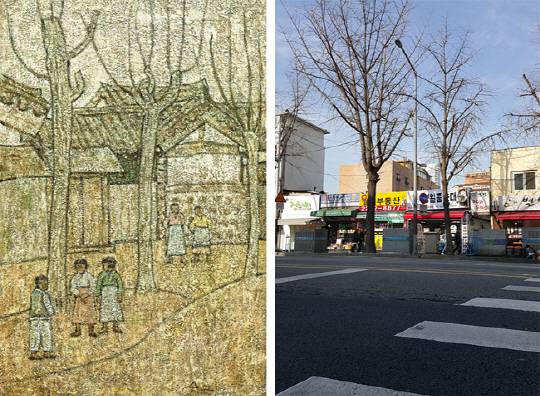 ‘국민화가’ 박수근 화백의 대표작 대부분이 만들어진 서울 종로구 창신동 393-16 집터의 과거(그림·‘골목안’, 캔버스에 유채, 80.3x53㎝)와 현재(오른쪽 사진) 모습.