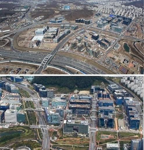 2011년 당시 공사중인 판교 테크노밸리의 모습(위)과  2014년 판교 테크노밸리의 모습. /경기과학기술진흥원 제공