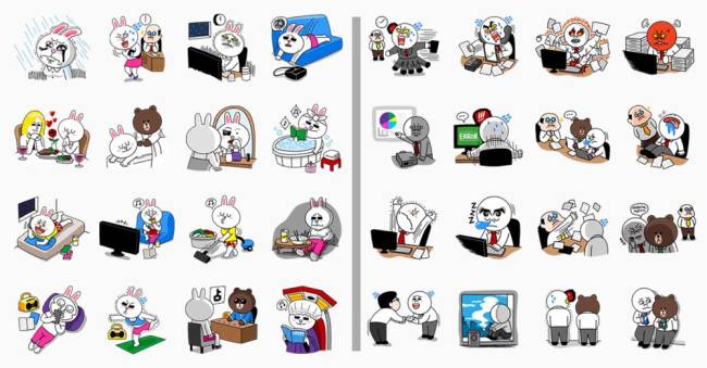 라인의 스티커. 직장 여성코니의 회사 생활(왼쪽)과 샐러리맨 문대리(오른쪽).