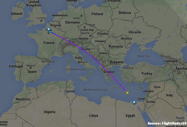 실시간 항공편 위치확인 서비스 ‘FlightRadar24’에서 확인한 MS804편의 마지막 위치.