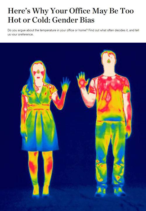 관련 내용을 전하고 있는 내셔널지오그래픽 기사. 열화상 카메라로 촬영한 위 사진은 남녀 간 온도 차이를 보여주고 있다. 특히 여성의 손을 보면 남성보다 온도가 낮음을 확연히 알 수 있다.