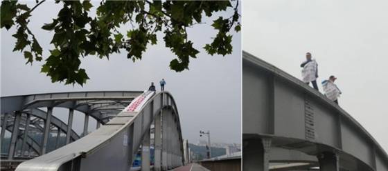7일 오전 티브로드 조합원 2명이 한강대교 위에서 고공농성에 돌입했다/사진제공=희망연대 노동조합