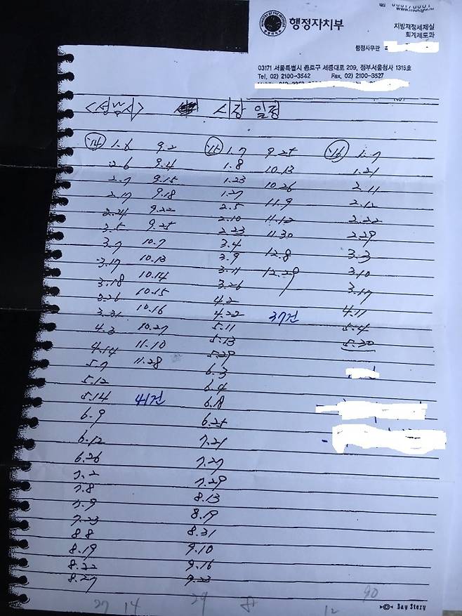 행정자치부가 요구한 이재명 성남시장의 2년6개월 사이 특정 일자 일일 일정 내역.