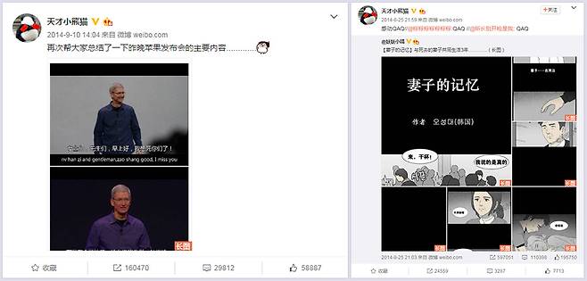 (왼쪽부터) 천재레서판다(天才小熊猫)가 올린 게시글 중 팀 쿡 애플 최고경영자의 ‘아이폰6’ 발표 전문을 요약한 것과 우리나라 네이버 웹툰 '기기괴괴'를 공유한 것. /천재레서판다 웨이보 캡쳐