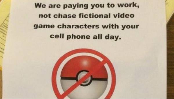 미국의 한 직장에 근무 시간 중 ‘포켓몬 GO’ 게임을 하지 말라는 문구가 게시돼 있다. 유진투자증권 제공