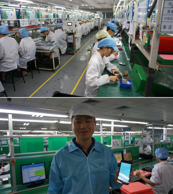 (위)HIT 공장 직원들이 휴대폰을 조립하고 있다. (아래)2012년 HIT를 창업한 제임스 리우 사장이 인도 마이크로맥스에 납품할 스마트폰을 들고 포즈를 취하고 있다. / 사진=전준범 기자