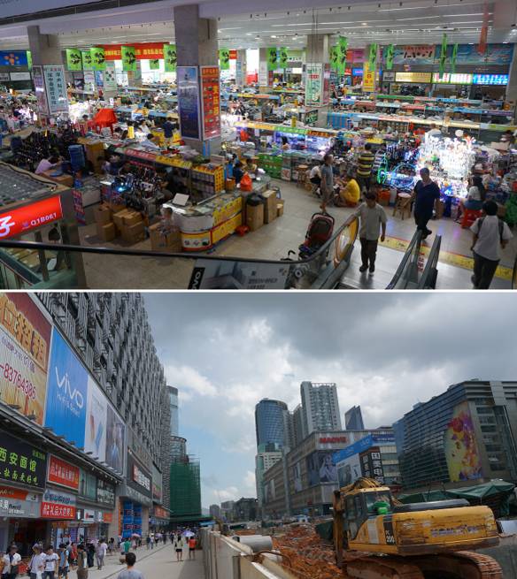 (위)온갖 IT 관련 부품을 판매하는 한 전자상가의 내부 풍경. (아래)화창베이 곳곳에서 한창 공사가 진행 중이다. 자동차가 다니던 도로는 현재 지하철 공사로 통행이 전면 통제되고 있다. / 사진=전준범 기자