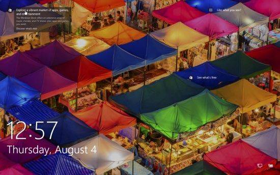 윈도10의 잠금화면. 개인화 컴퓨팅 측면으로 강화된 기능으로 사용자에 맞는 추천이 나타난다.