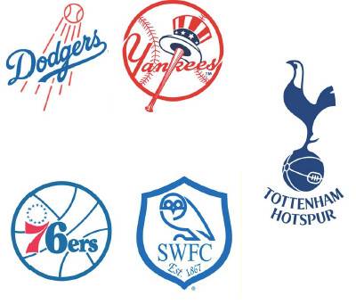 미국 메이저리그의 LA 다저스, 뉴욕 양키스, 잉글랜드 프리미어리그의 토트넘 홋스퍼, 셰필드 웬즈데이, 미국 프로농구 NBA의 필라델피아 세븐티식서스 로고(왼쪽 위부터 시계방향으로).