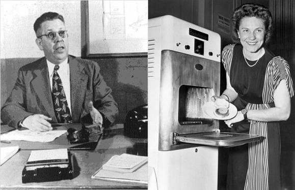 전자레인지를 세계 최초로 개발한 퍼시 스펜서 연구원(왼쪽)과 세계 최초의 전자레인지 ‘레이더레인지'의 모습(오른쪽) /투데이파운드아웃닷컴 홈페이지 캡처