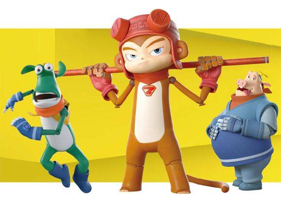 중국 소설 ‘서유기’ 주인공을 모티브로 한 3D 애니메이션 슈퍼프렌즈의 주요 캐릭터. 왼쪽부터 사오정·손오공·저팔계. 각 캐릭터마다 지식인·파이터·먹방이라는 특징을 살려 디자인했다.