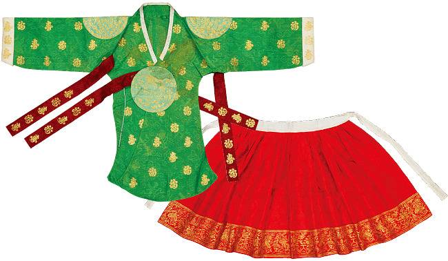 2015년 일본에서 환수된 덕혜옹주 유품인 어린이용 당의(위)와 스란치마. [사진 제공 · 국립고궁박물관, 국립문화재연구소]