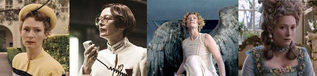 이토록 독특하고 스타일리시한 배우가 또 있을까. 배우 틸다 스윈튼은 매 영화마다 패셔너블한 이미지로 관객들을 만났다. 영화 ‘헤일, 시저’(왼쪽부터)와 ‘설국열차’ ‘콘스탄틴’ ‘올란도’ 속 스윈튼.