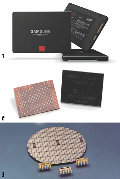 1. 삼성전자가 지난 2014년 세계 최초로 출시한 V낸드 SSD 제품. 2. 삼성전자가 개발한 4세대 64단 낸드플래시. 3. 삼성전자가 1994년 세계 최초로 개발한 256M D램 모듈과 웨이퍼 모습. 지난 8월 19일 출시한 갤럭시 노트7 체험 현장(서울시 영등포구 타임스퀘어) 모습.