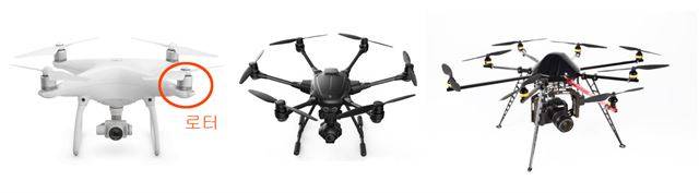 쿼드콥터인 DJI사의 팬텀4(왼쪽부터), 유닉사의 헥사콥터 타이푼H, 미크로톱터사의 옥토콥터