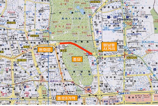 서울 종로구 창덕궁 돈화문~원남동 사거리까지 지하보도(300m) 위치도. 서울시 제공