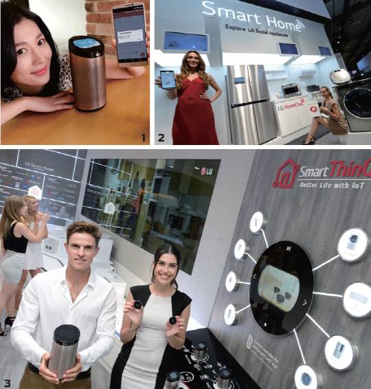 1. LG전자 스마트홈 서비스의 핵심 허브 역할을 담당하는 기기인 ‘스마트씽큐 허브’ 2. LG전자는 모바일 메신저를 통해 가전제품과 채팅할 수 있는 서비스인 ‘홈챗’의 상용화에 성공했다. 3. 일반 가전기기를 스마트기기로 바꿔주는 LG전자의 ‘스마트씽큐 센서’는 혁신적 제품이라는 찬사를 받고 있다.