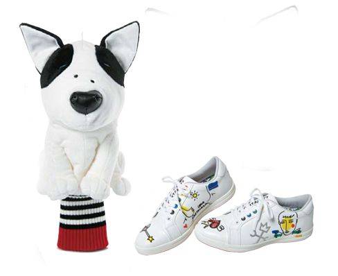 이혜영의 애견 ‘부부리’를 캐릭터로 만든 빈폴골프의 골프채 커버(왼).아티스트 감성을 담은 까스텔바쟉의 골프화(오).