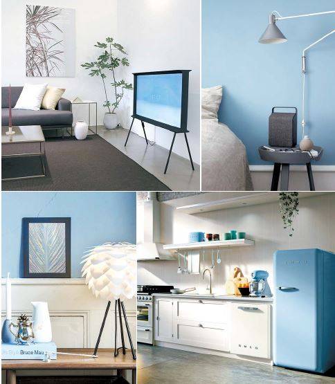 프레임을 나무로 만들어 가구처럼 보이는 삼성전자 세리프TV, 손잡이가 달린 비파의 무선 스피커, 주방에 활력을 불어넣는 스메그의 파스텔톤 냉장고, 꽃잎 모양의 디자인이 돋보이는 비타의 스탠드(왼쪽 위부터 시계 방향 순).