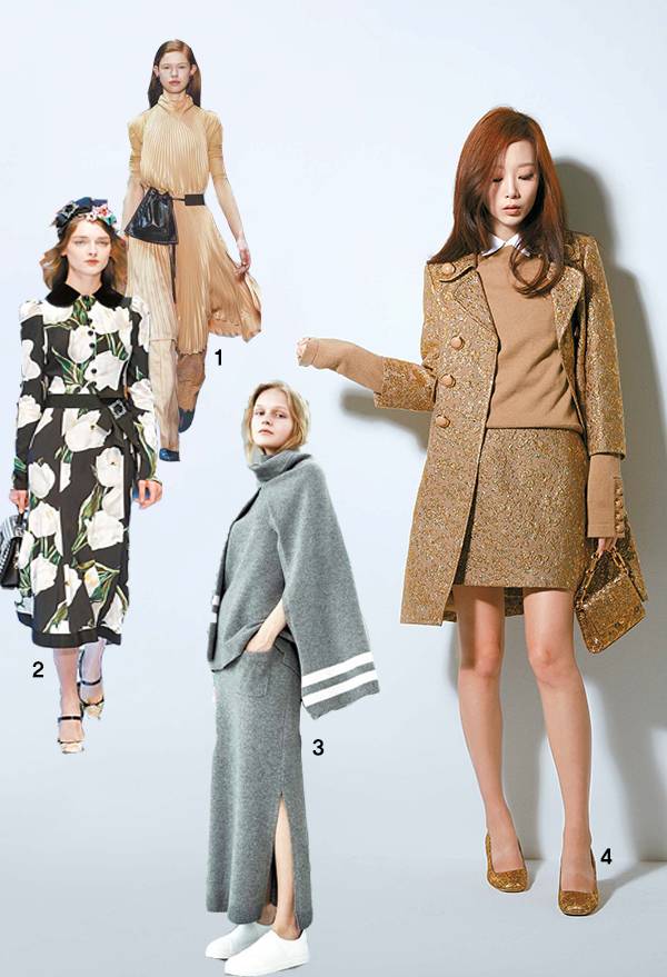 1 셀린느가 만든 실크 소재에 플리츠 주름을 넣은 드레스. 2 돌체앤가바나가 올가을 컬렉션에서 선보인 큼직한 튤립 모양이 있는 롱 원피스. 3 V라운지가 내놓은 편안한 디자인의 회색 니트·치마. 4 반짝이는 골드브라운 컬러가 돋보이는 복고풍 재킷과 치마, 긴소매에 단추로 포인트를 준 베이지 니트. 의상·미니백·구두 모두 마이클코어스 제품. [사진=중앙일보 2016년 9월 6일자]