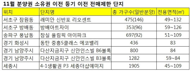 11월 분양권 소유권 이전 등기 이전 전매제한 단지