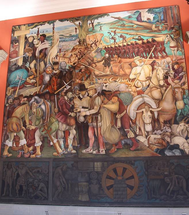 국립궁전 벽화-에르난 코르테스와의 만남.