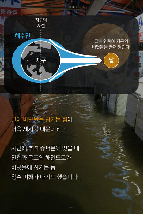 달이 바닷물을 당기는 힘이 더욱 세지기 때문이죠.  지난해 추석 슈퍼문이 떴을 때 인천과 목포의 해안도로가 바닷물에 잠기는 등 침수 피해가 나기도 했습니다.