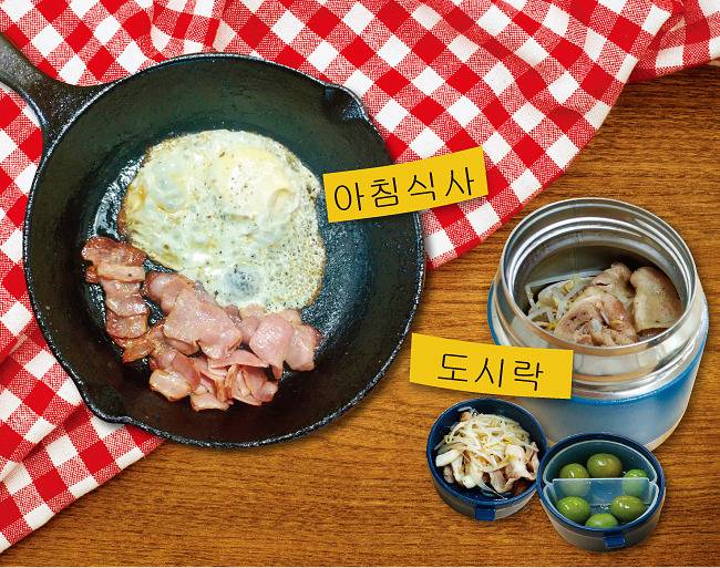 아침식사_‘저탄고지’ 다이어트 기간에 매일 아침 먹은 베이컨과  달걀프라이. 지방을 더 섭취하려고 버터를 프라이팬에 두르고 조리했다.도시락_다이어트 3일 차부터 챙긴 도시락. 대패삼겹살에 버섯이나 숙주를 넣고 볶은 뒤 소금과 후춧가루로만 간했다.