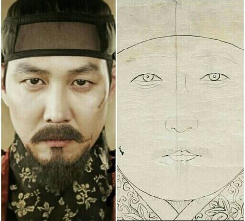 영화 <관상>에서 세조(수양대군)를 연기한 이정재(왼쪽)와 이번에 발견된 세조 어진 초본. 쇼박스·서울옥션블루 제공