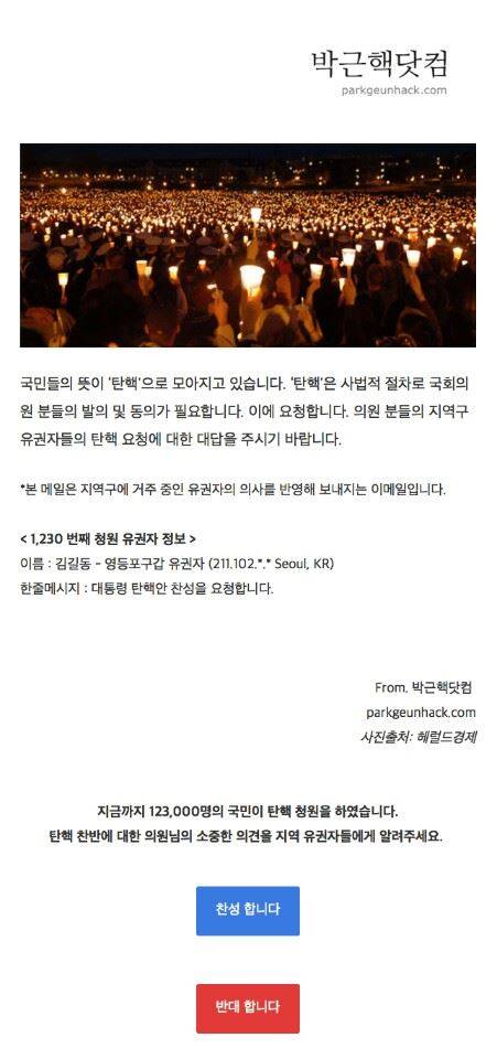 박근핵닷컴에서 시민들이 지역구 의원에게 탄핵 촉구 청원서를 보내면 해당 의원이 받게 되는 메일 화면. 청원 내용과 함께 찬반을 선택하는 버튼이 있다. 홈페이지 캡처