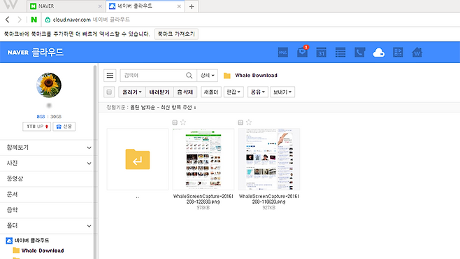 캡쳐한 이미지를 네이버 클라우드에 저장할 수 있다