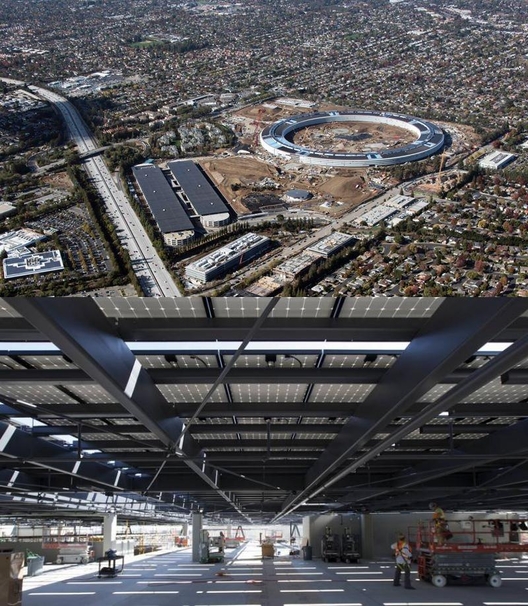 애플의 쿠퍼티노 신사옥은 주차장 2개의 지붕(위 사진 왼쪽 아래 검은 지붕 건물)을 태양광 패널로 덮어 생산한 전기를 쓴다. 아래 사진은 주차장 내부 모습. /사진=애플