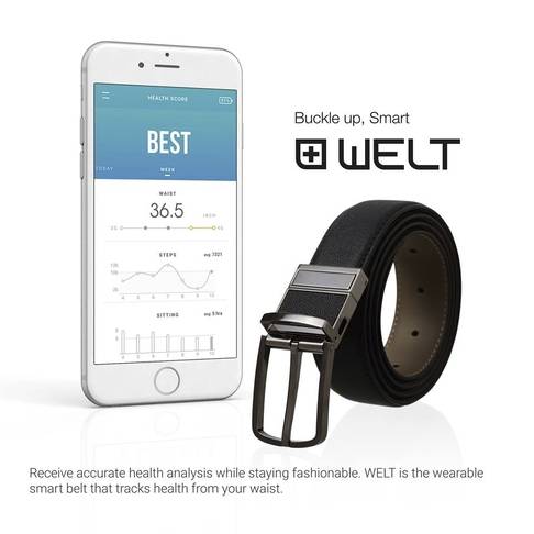 웰트 제품과 웰트 애플리케이션. 애플리케이션으로 허리둘레와 걸음 수, 앉은 시간과 과식 여부를 알려준다. / 웰트 제공