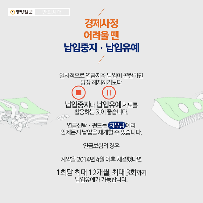 경제사정 어려울 땐 납입중지ㆍ납입유예  일시적으로 연금저축 납입이 곤란하면 당장 해지하기보다 납입중지나 납입유예 제도를 활용하는 것이 좋습니다. 연금신탁ㆍ펀드는 자유납이라 언제든지 납입을 재개할 수 있습니다. 연금보험의 경우 계약을 2014년 4월 이후 체결했다면 1회당 최대 12개월, 최대 3회까지 납입유예가 가능합니다.