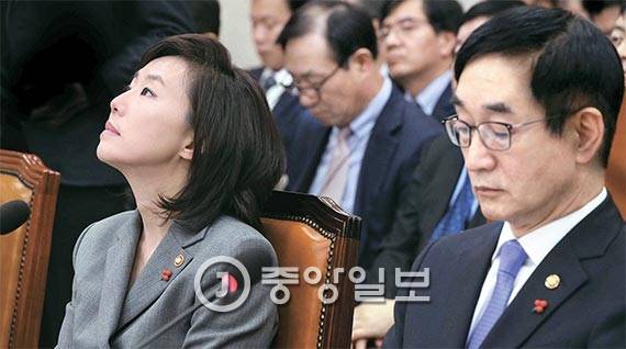 조윤선 문화체육관광부 장관(왼쪽)은 28일 국회 교육문화체육관광위원회 전체회의에 출석해 ‘문화계 블랙리스트’와 관련해 “특검에서 사실관계를 밝혀줄 것이라고 생각한다”고 말했다. 조 장관은 지난 10월 국감에서 블랙리스트는 “존재하지 않는다”고 답했다. 오른쪽은 이준식 사회부총리 겸 교육부 장관. [사진 오종택 기자]