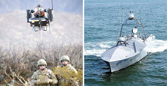 우리 군의 개발계획이 성공하면 앞으로 공중과 해상 정찰은 미니 드론과 무인 수상정이 수행할 것이다. 사진은 미니 드론 RQ-16(왼쪽)과 무인 수상정 CUSV. [사진 미 육군·해군]