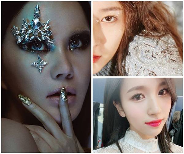 엄정화(왼쪽), 크리스탈(오른쪽 위), 미나가 글리터 메이크업을 했다. ⓒ MK스타일 / 엄정화, 크리스탈, 트와이스 인스타그램