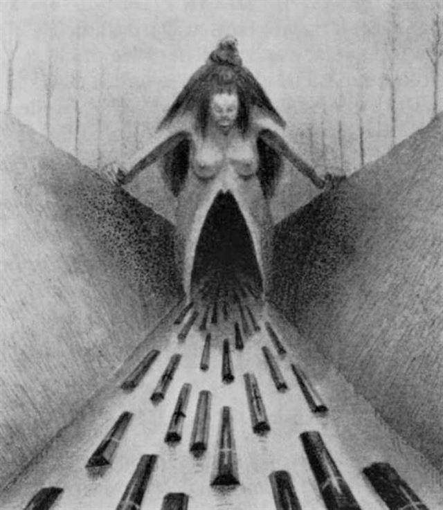 여성 성기는 어느 문화권에서나 '악(惡)'과 연결된다. 알프레트 쿠빈 '지옥으로 가는 길'.