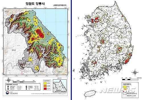 【대전=뉴시스】김양수 기자 = 산림청 국립산림과학원이 15일 공개한 '전국 산불다발위험지도'. 지난 1991년부터 2015년까지 발생된 1만560건의 산불 위치정보를 지도화한 자료로 효율적 산불진화 및 예방에 활용된다. 왼쪽은 강릉시의 산불다발지역을 분석한 지도고 오른쪽이 전국지도다.2017.02.15(사진=산림청 제공) photo@newsis.com