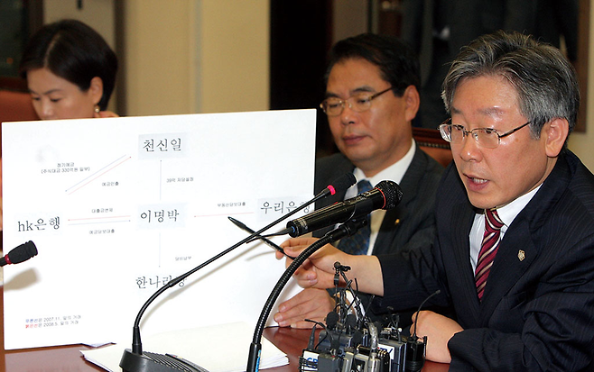 2009년 6월24일 당시 이재명 민주당 부대변인이 국회에서 열린 당 최고위원회의에서 천신일 세중나모여행 회장의 당비 대납 의혹과 관련해 자금 이동경로를 설명하고 있다. © 연합뉴스