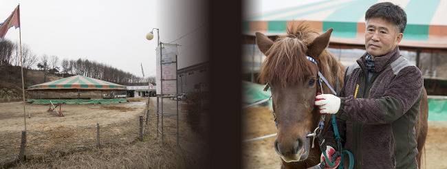 충북 청주시 ‘주몽승마장’ 의 을씨년스러운 풍경(왼쪽)과 최기영 대표. [지호영 기자]