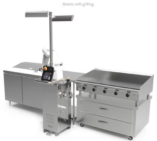 햄버거 패티를 굽는 용도로 쓰이는 플리피. 사물을 인식하고 온도를 확인하는 센서바와 6축을 사용해 자유자재로 움직이는 로봇팔, 모니터링을 위한 디스플레이 등으로 구성됐다.(사진=미소로보틱스)