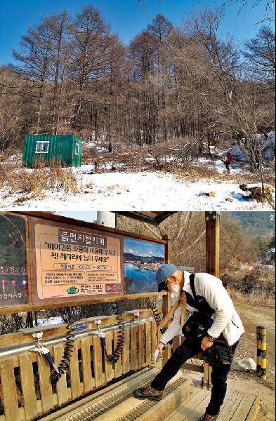 [월간산]1 거두리고개 ~595m봉 서릉 방면 길과 만나는 대룡산 제1지점. 공터에 컨테이너가 있다. 사진에서 오른쪽이 샘터 방면이다. 2 고은리 버스종점에 설치되어 있는 흙먼지 털이기. 흙먼지 털이기는 이곳을 하산지점으로 기정사실화하는 역할을 한다.