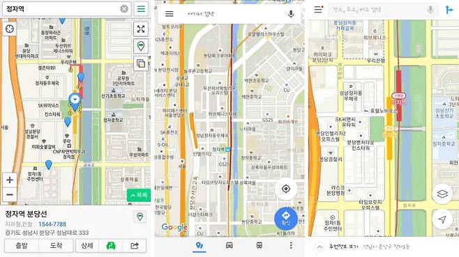 (좌측부터) 네이버, 구글, 카카오 등의 포털이 서비스하는 맵 서비스는 일상생활에서도 쓰이지만, 여행지에서도 유용한 앱으로 쓰인다. (사진=앱별 화면 캡처)