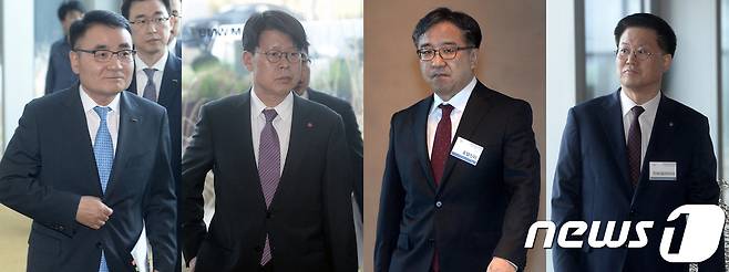 19일 인천 중구 네스트호텔에서 열린 '인천국제공항 제2여객터미널(T2) 면세점 사업권 심사를 위한 프레젠테이션(PT)를 위해 입찰에 참여한 4사 최고경영자(CEO)들이 입장하고 있다. 왼쪽부터 장선욱 롯데면세점 대표, 손영식 신세계디에프 대표이사, 한인규 신라면세점 사장, 황용득 한화갤러리아 대표이사. 이날 열리는 PT를 통해 인천공항공사는 심사 항목인 사업제안서(60%)와 임대료(40%)를 평가하게 된다. 인천공항공사 측은 21일 합산 점수를 각 면세점들에게 통보하고 사업권(DF1·DF2)별로 1위와 2위를 선정한다. 2017.4.19/뉴스1 © News1 황기선 기자