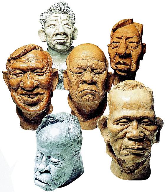 화가 강형구 씨가 캐리커처로 표현한 전직 대통령 6명의 두상. 맨 위부터 시계방향으로 노무현·김대중·박정희·김영삼·노태우 전 대통령, 가운데는 전두환 전 대통령. [중앙포토]